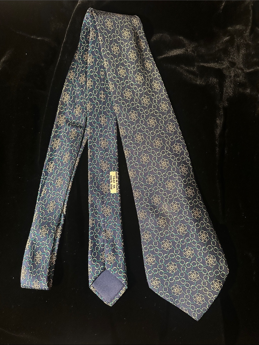 Hermes Blue Floral Silk Tie with Cream Accents